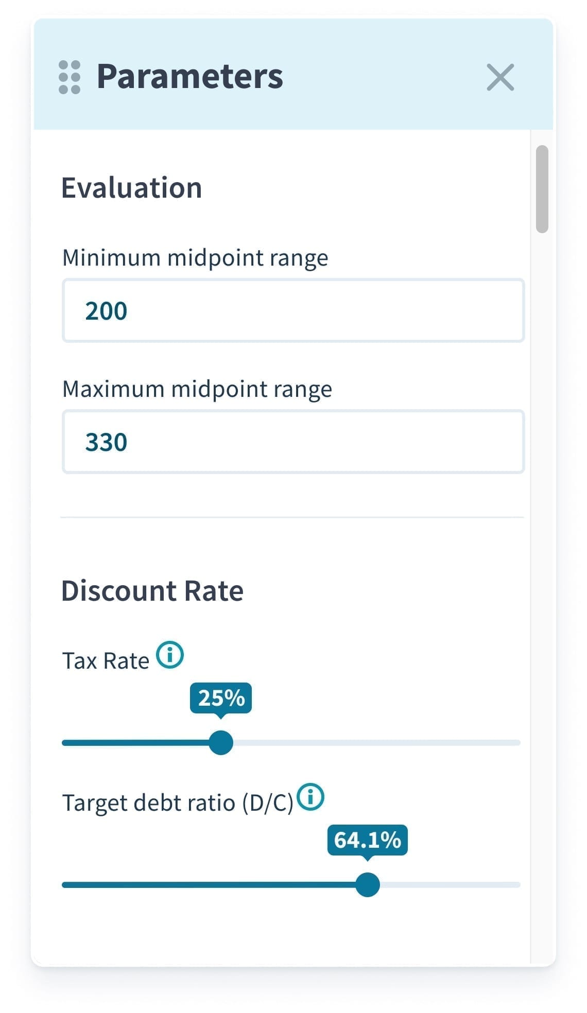 Valuitico valuation parameters menu screenshot