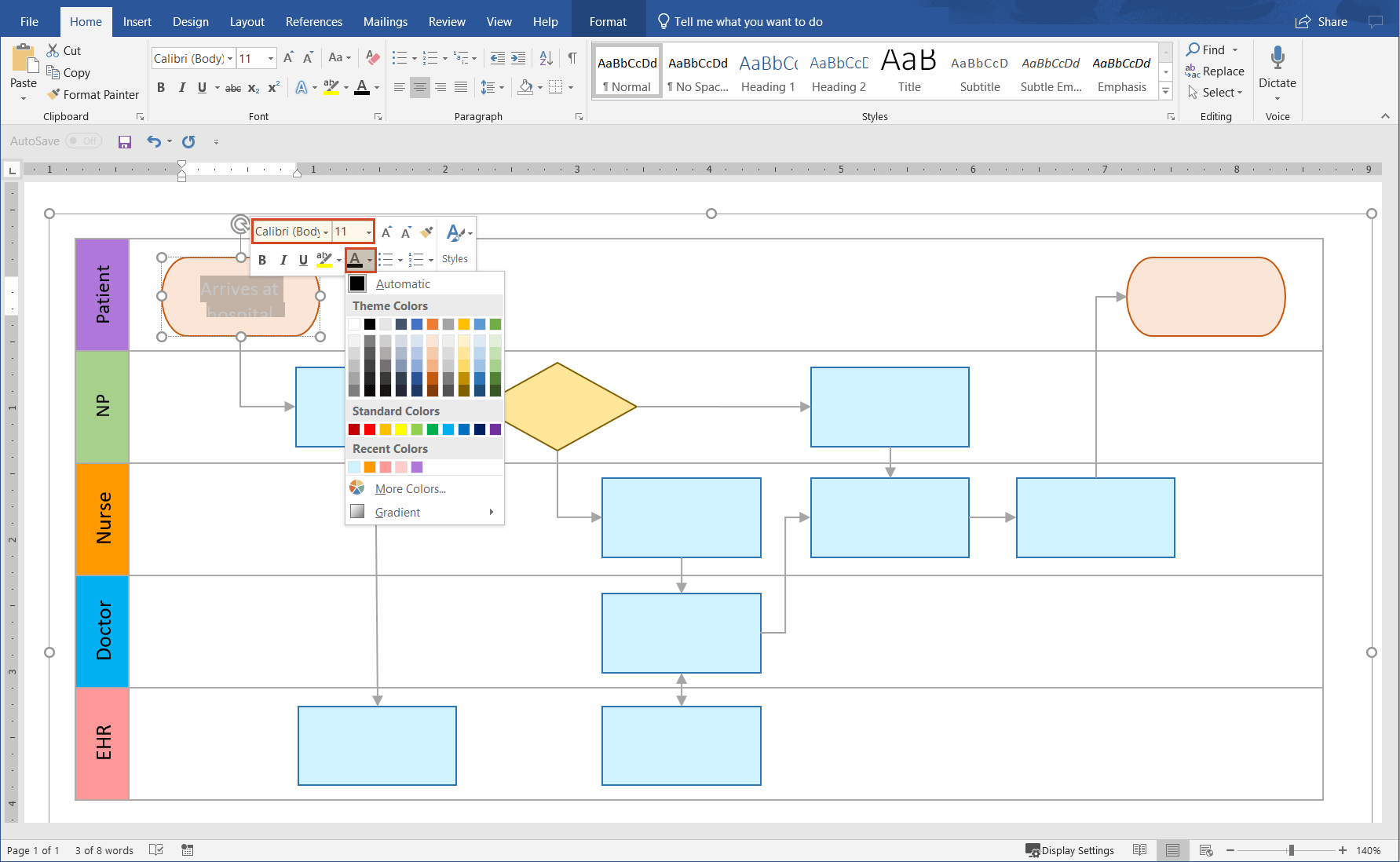 Add and customize label in manual Word swimlane diagram