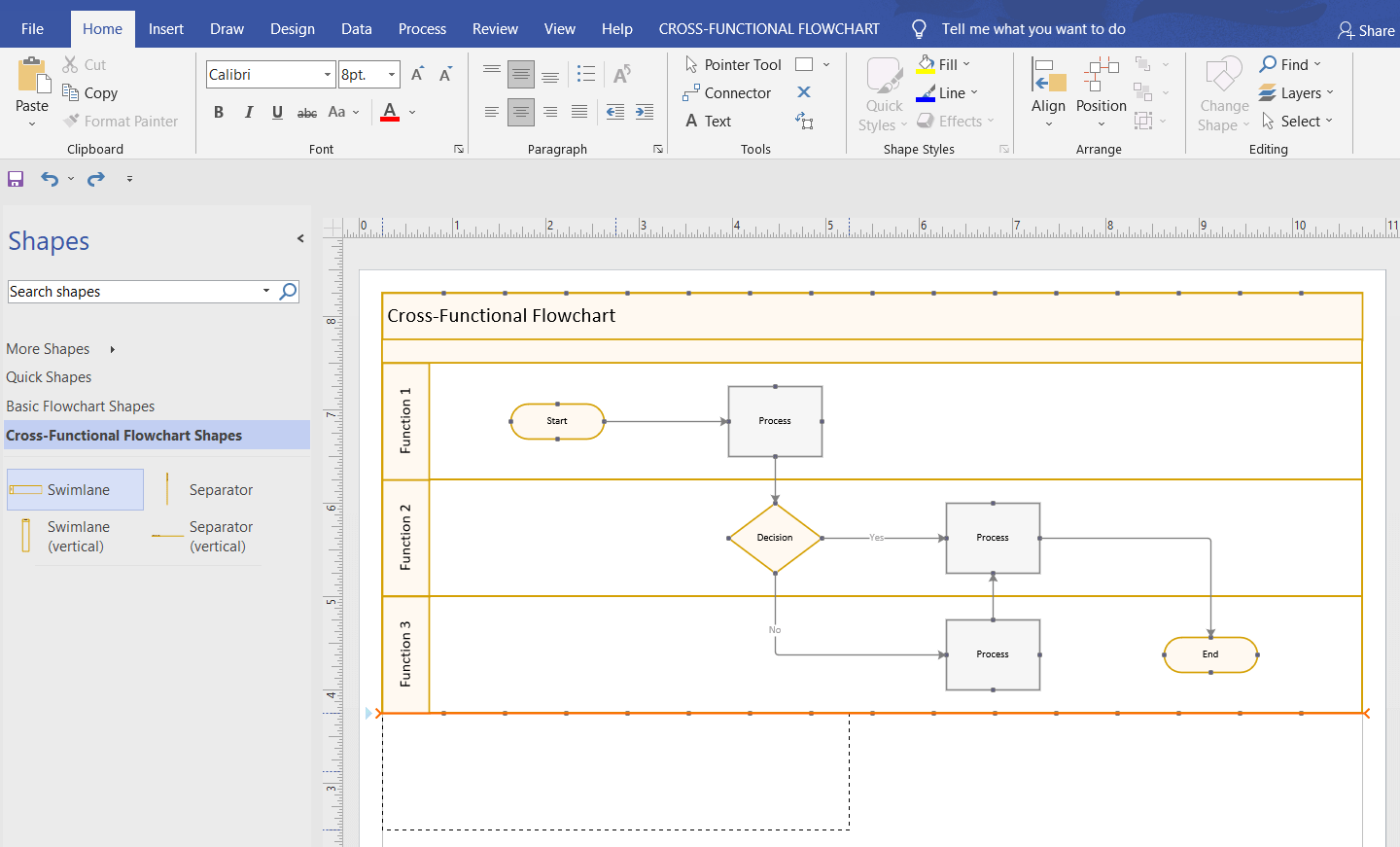 Add more swimlanes to manual Visio swimlane diagram