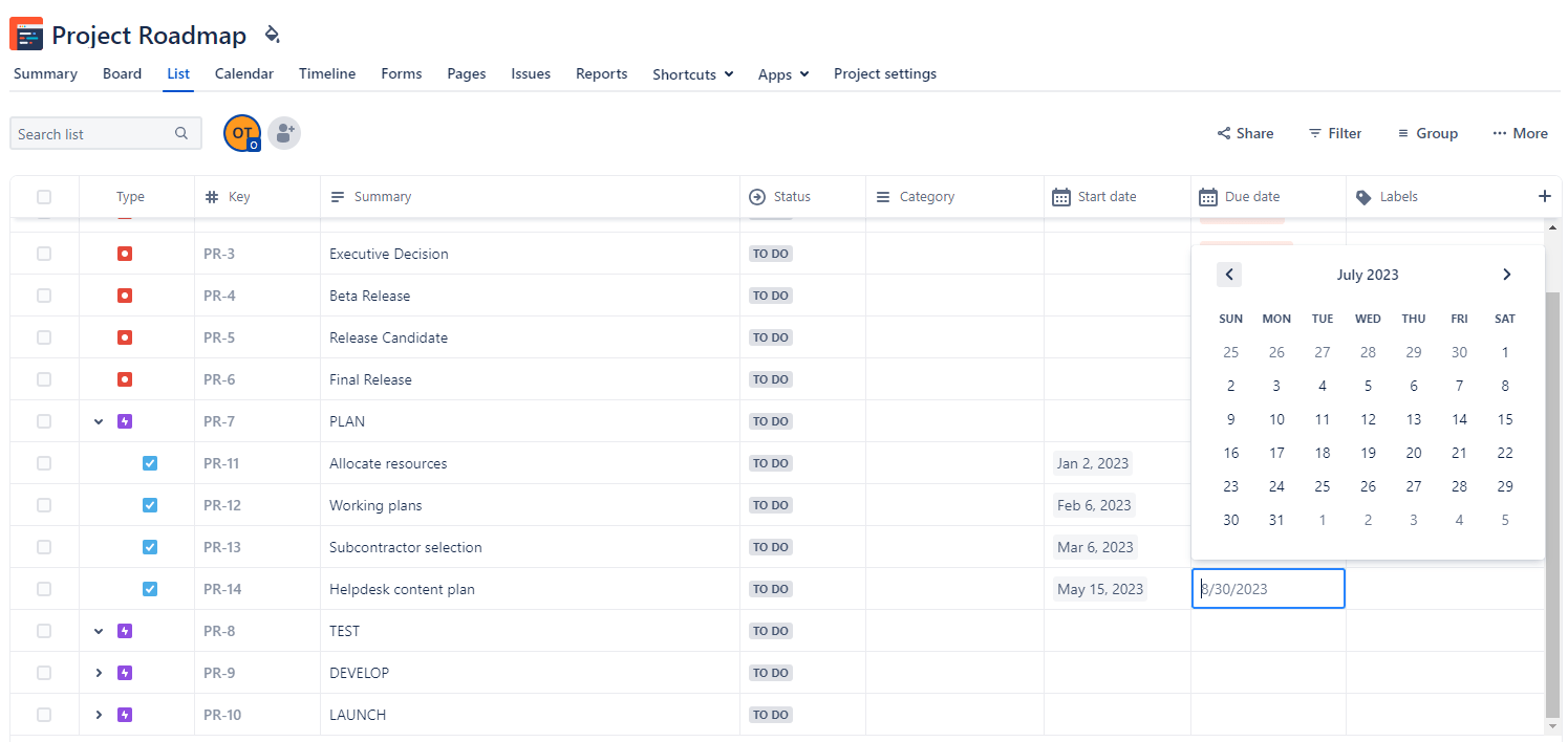 Adding start and due dates to tasks in Jira