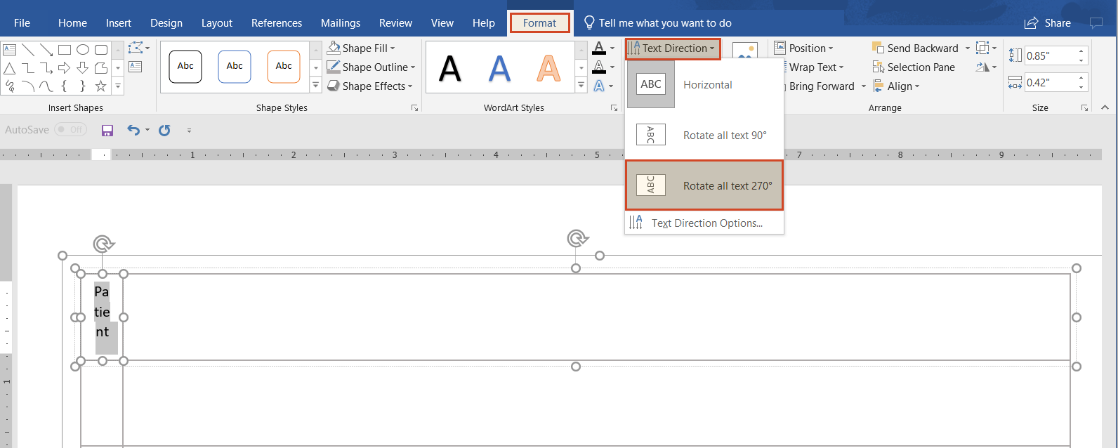 Change text direction in manual Word swimlane diagram