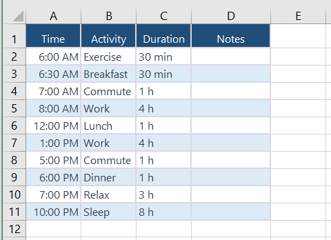 Voorbeeld van dagindeling in Excel