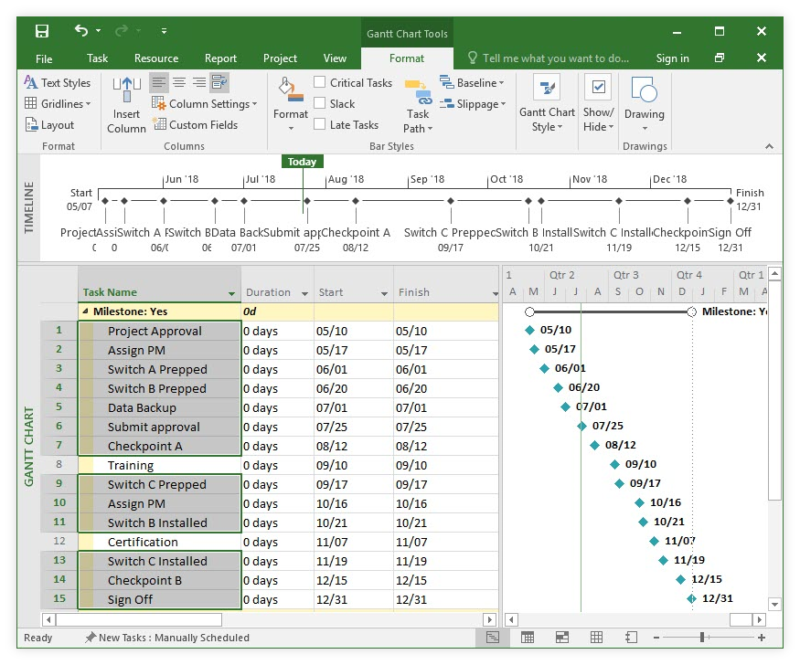 Default MS Project timeline