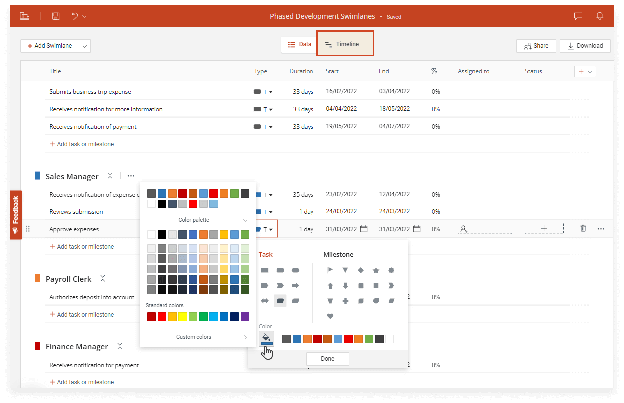 Enter your swimlane diagram data in Office Timeline Online