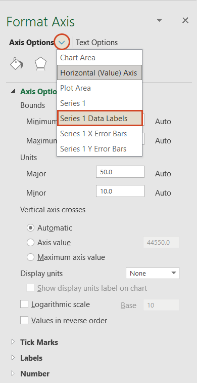 Settings in Series 1 Data Labels in Format Axis - Excel timeline