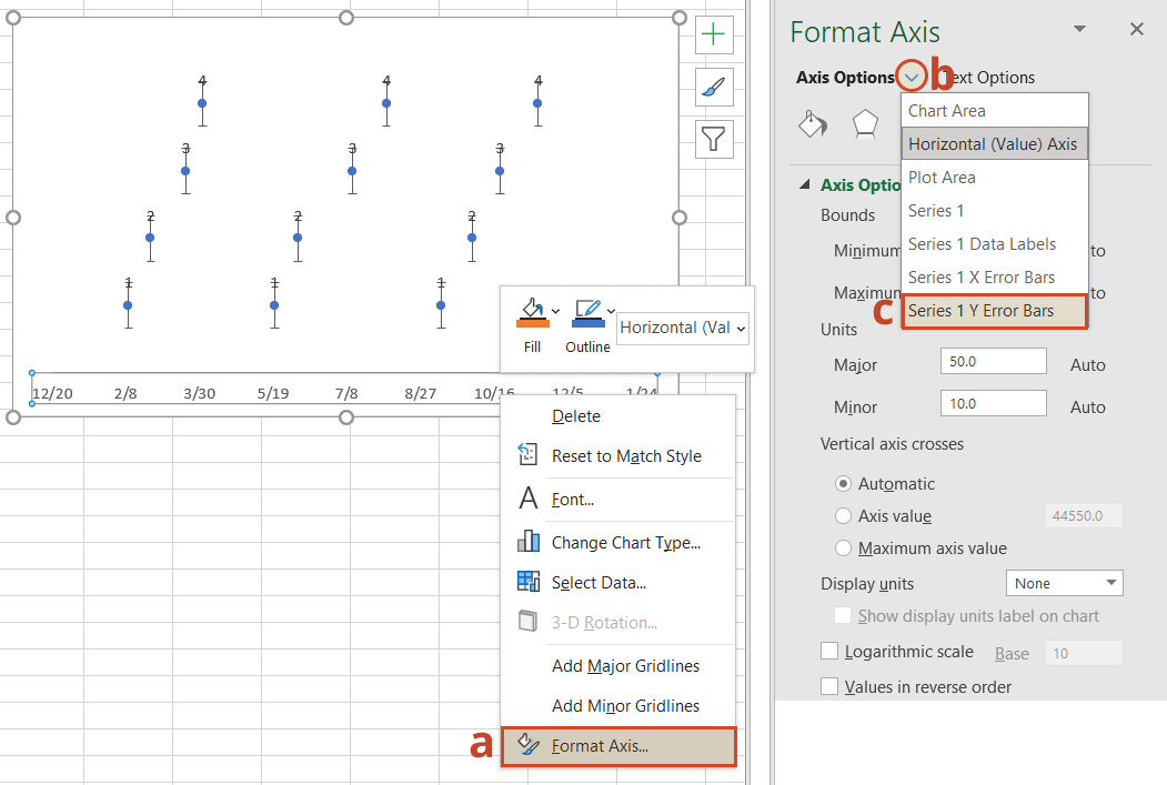 Steps to select option under Format Axis in Excel timeline