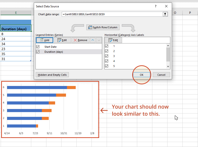 Excel Gantt chart updated with data durations