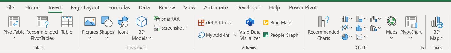 Charts section on Excel ribbon