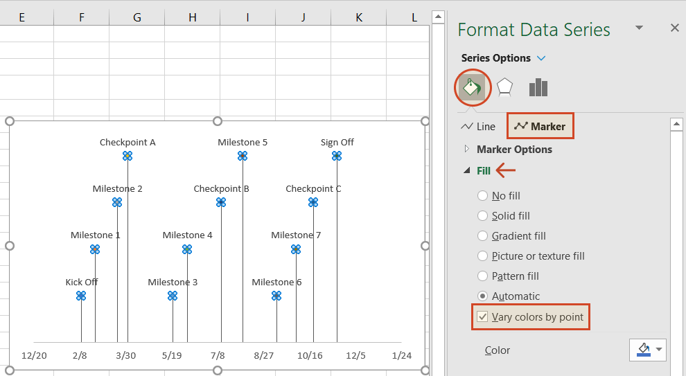 Change Excel timeline colors in Format Data Series