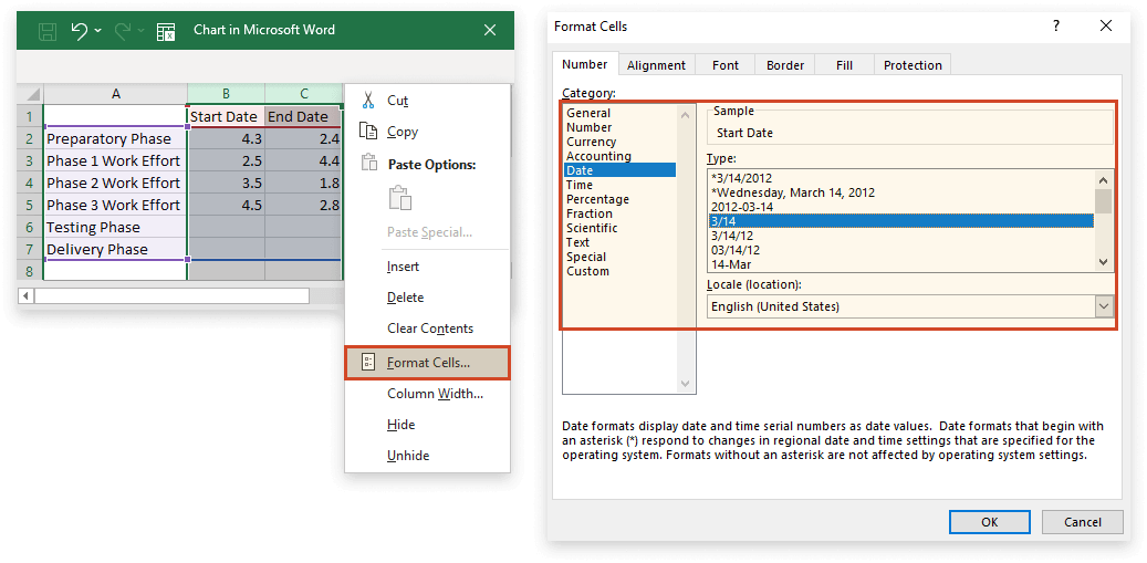 Format cells as dates in Word