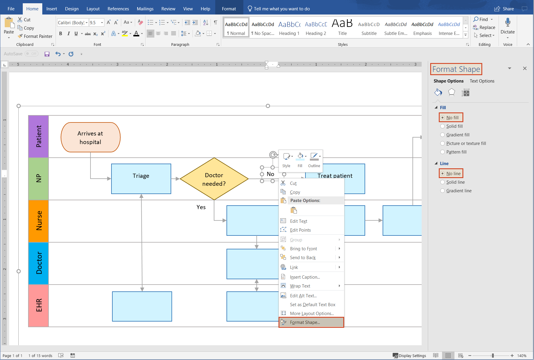 Format text box in manual Word swimlane diagram