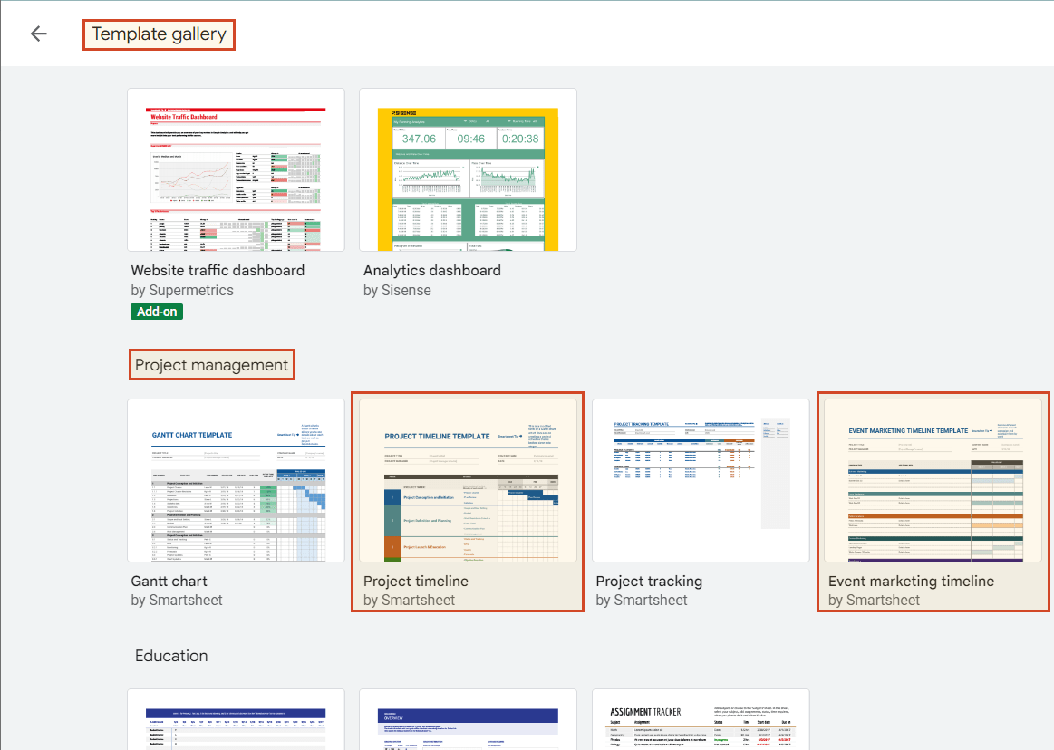 Template gallery in Google Sheets