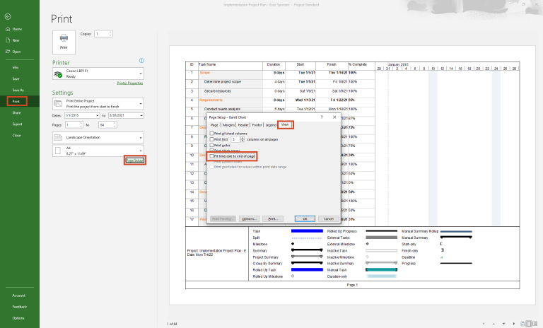 How to fit a Gantt Chart on one page in MS Project