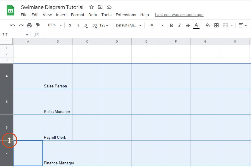 Increase the width of swimlane rows in Google Sheets