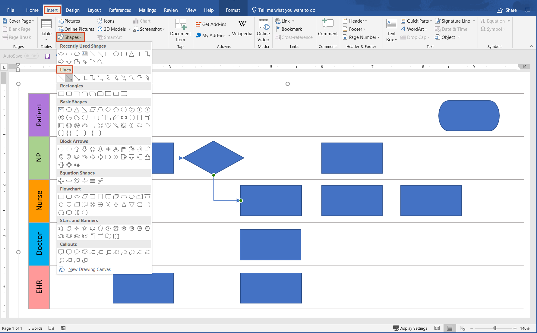 Insert connectors in manual Word swimlane diagram