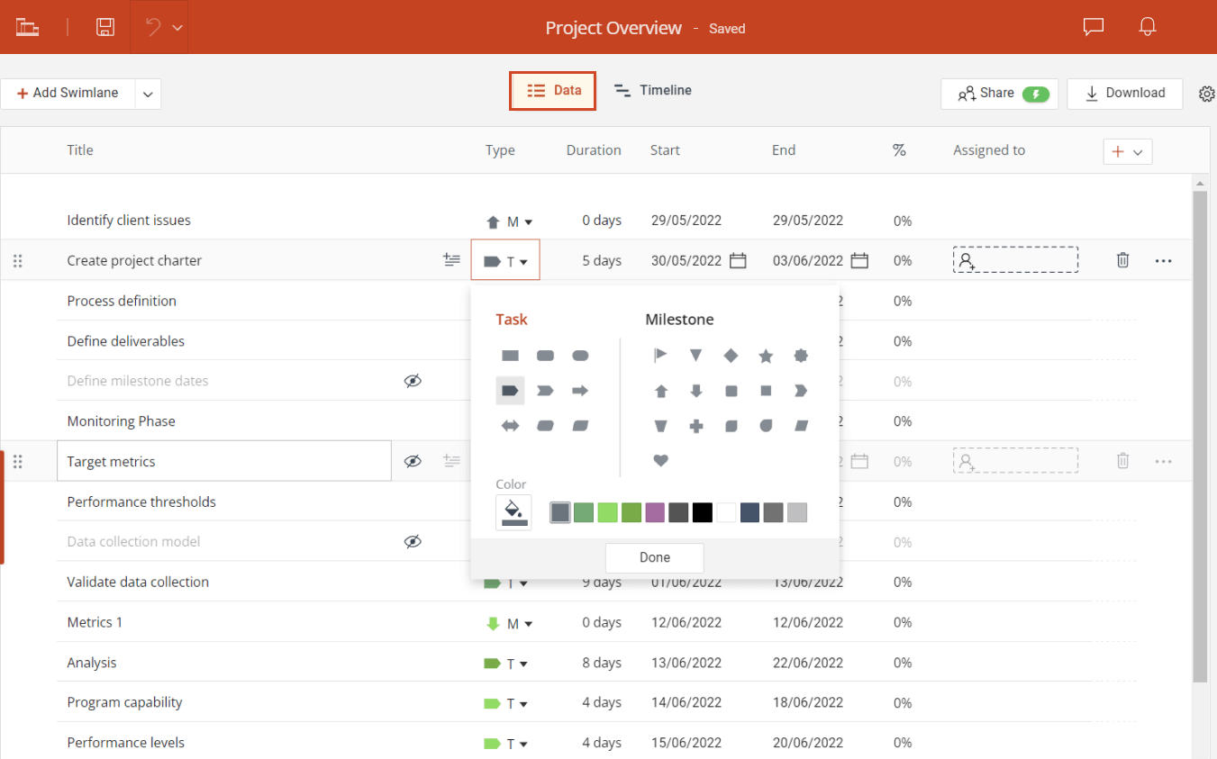 Insert data in the online Gantt chart tool