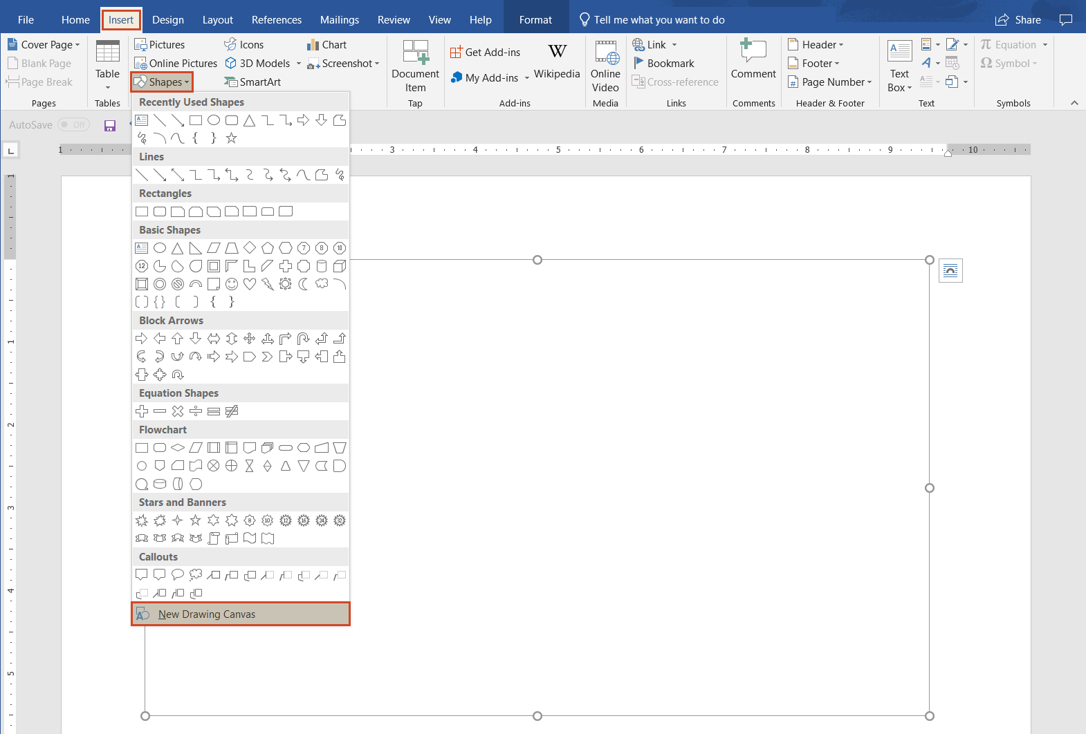 Insert drawing canvas in manual Word swimlane diagram