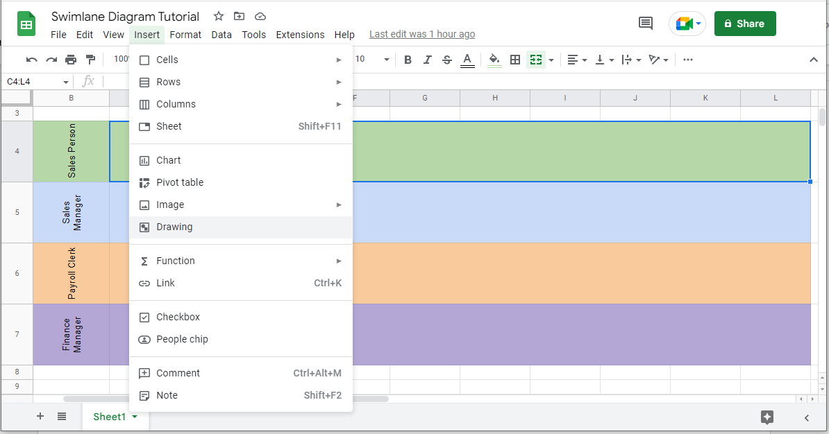 Inserting shapes in Google Sheets swimlanes