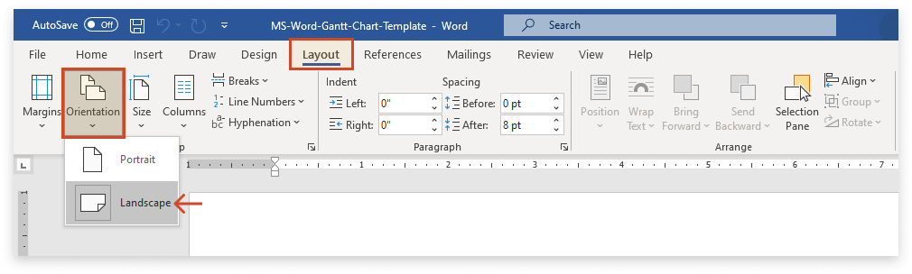 Landscape page orientation in MS Word