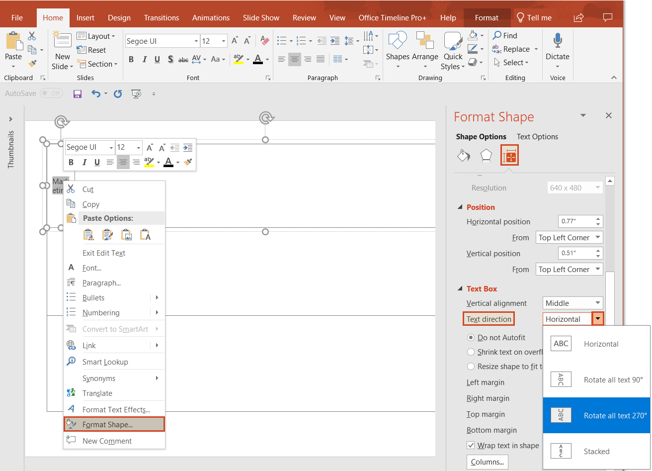 Change text orientation in Format Shape in manual PowerPoint swimlane diagram