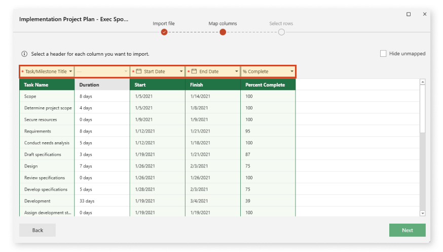 Mapping MS Project data to be imported