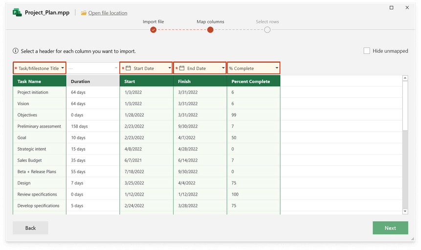 Mapping MS Project data to be imported