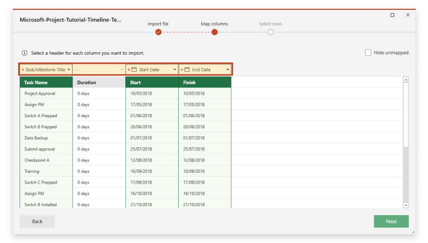 Office Timeline Map Columns when Importing from MS Project