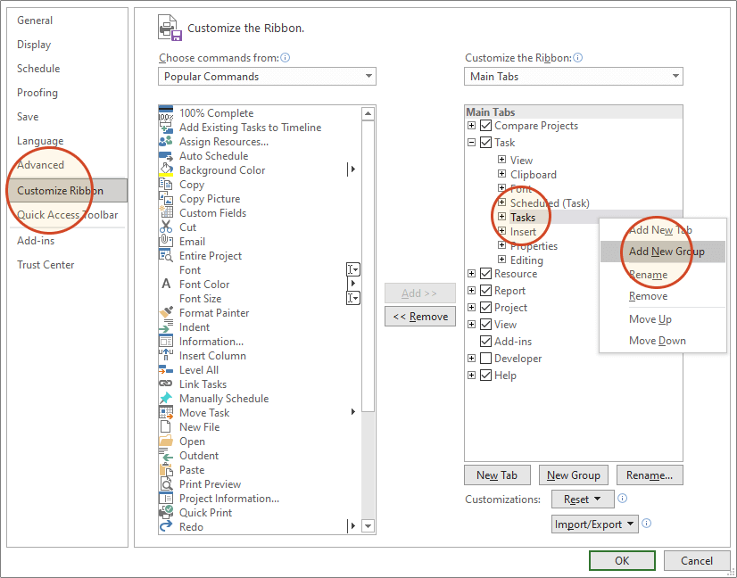 Add new group using Customize Ribbon option in MS Project