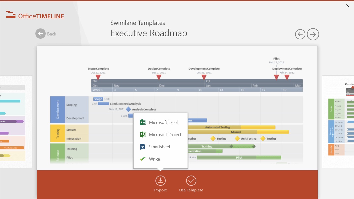 Office Timeline import button