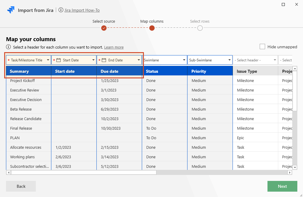 Jira data imported in Office Timeline