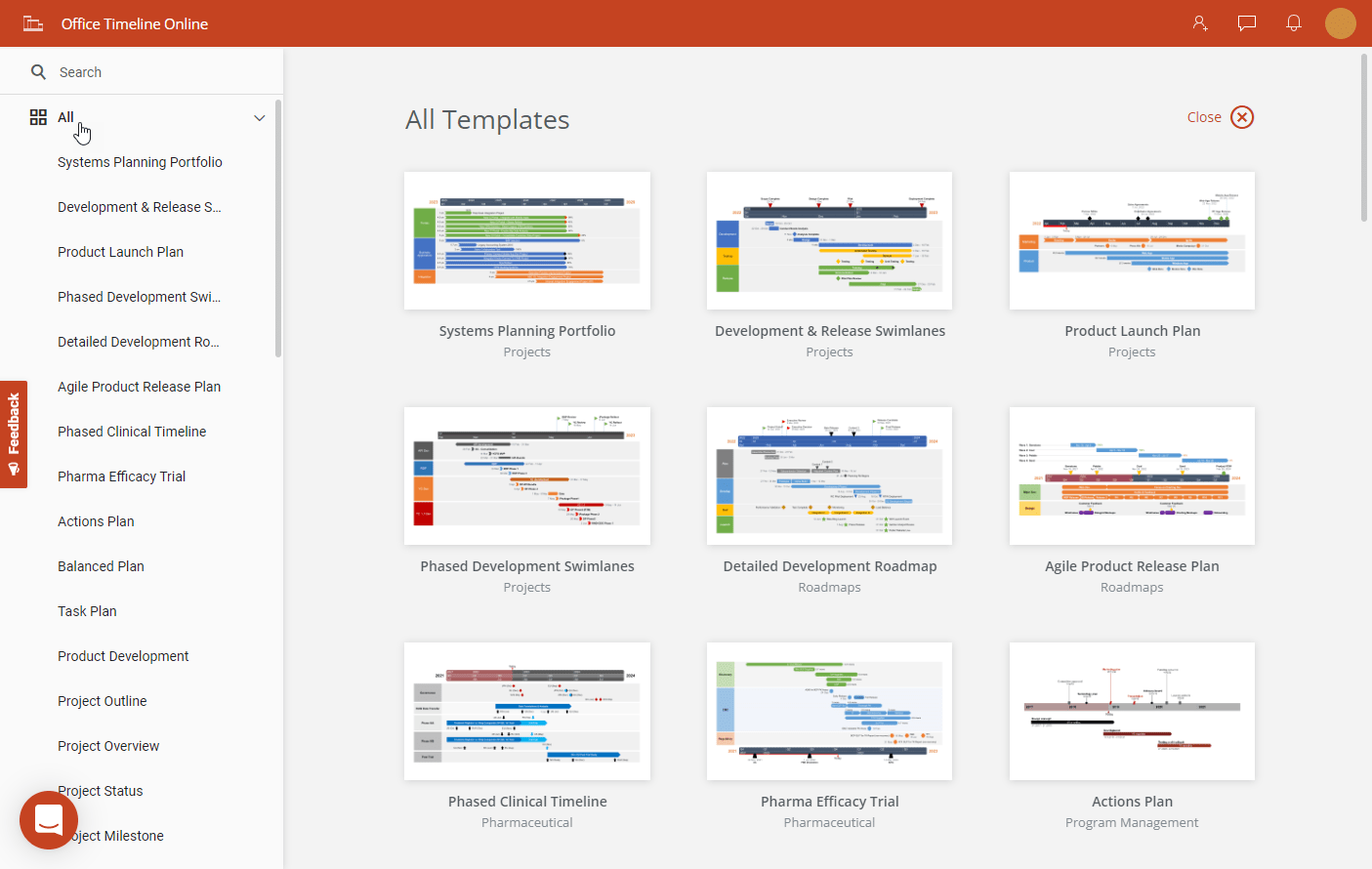 All templates preview in Office Timeline Online