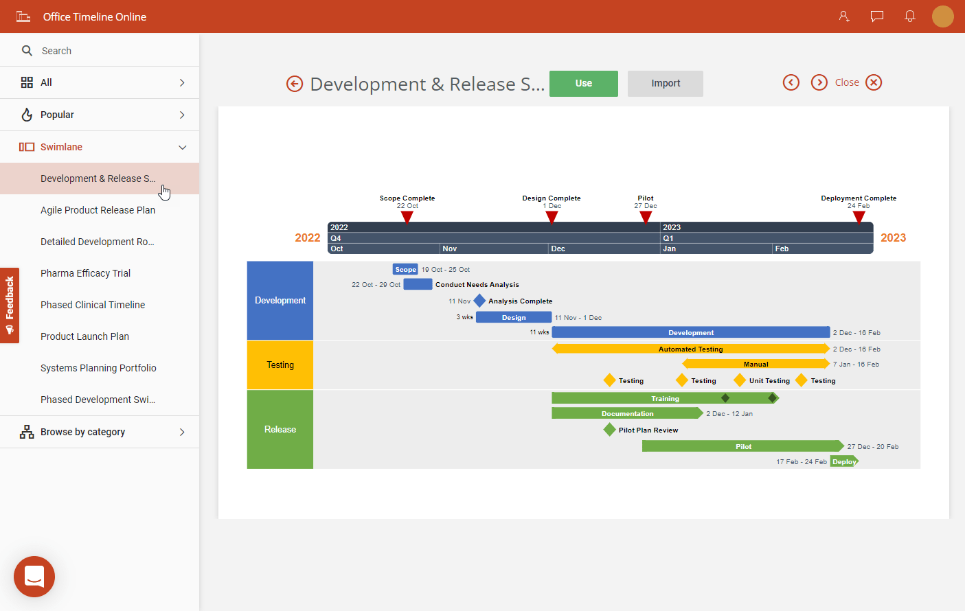 Swimlane template in Office Timeline Online