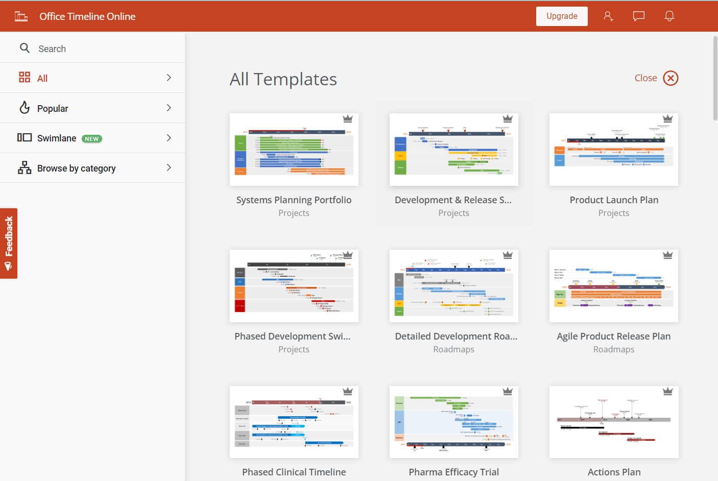 Sjablonen beschikbaar in Office Timeline Online