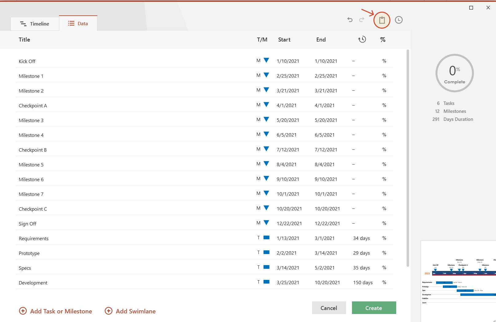 Paste data from Excel in Office Timeline