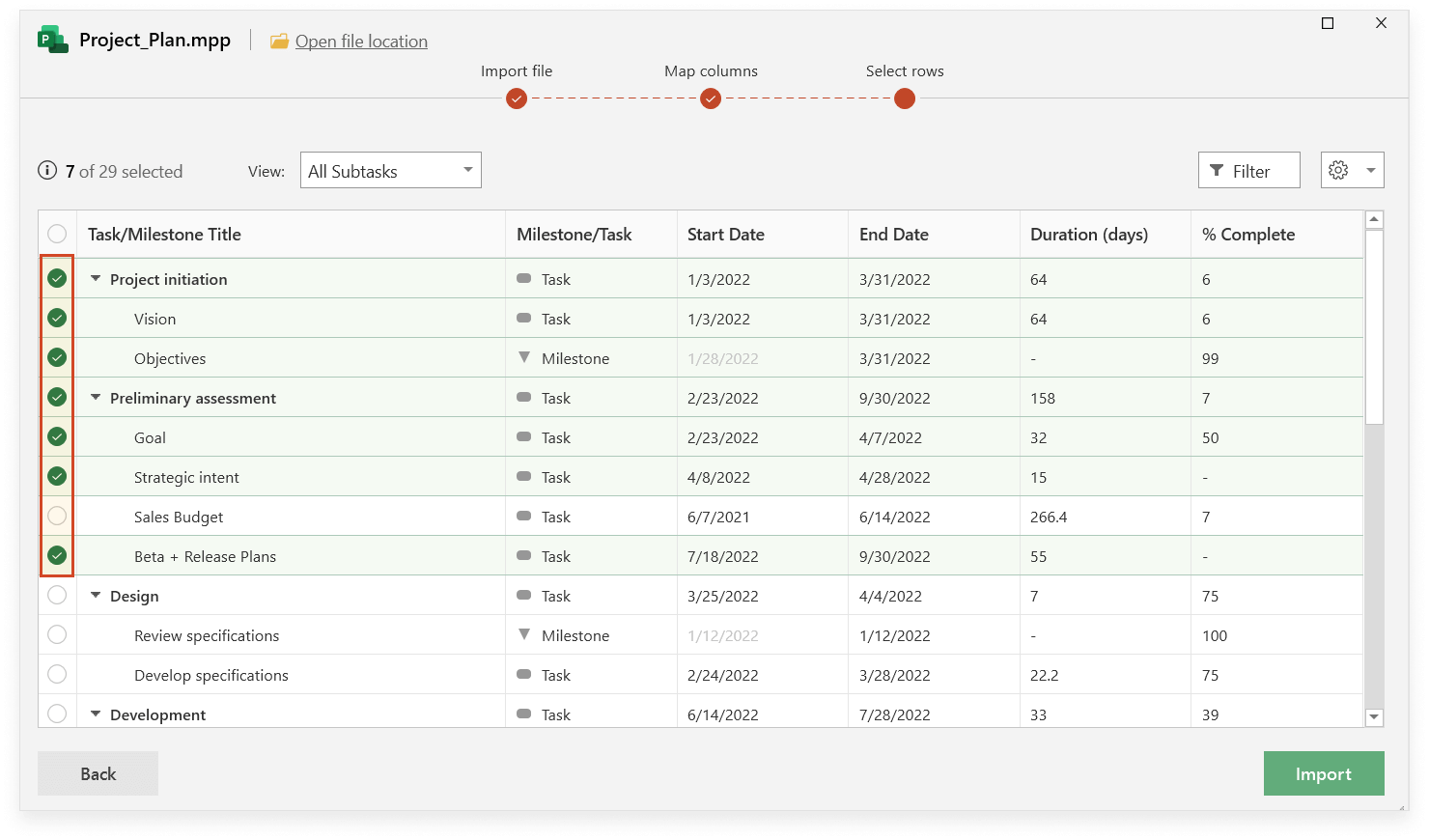 Select data in MS Project import