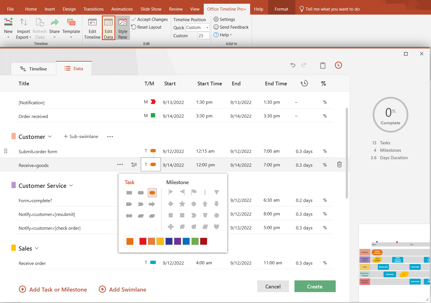 Edit swimlane diagram data in Office Timeline