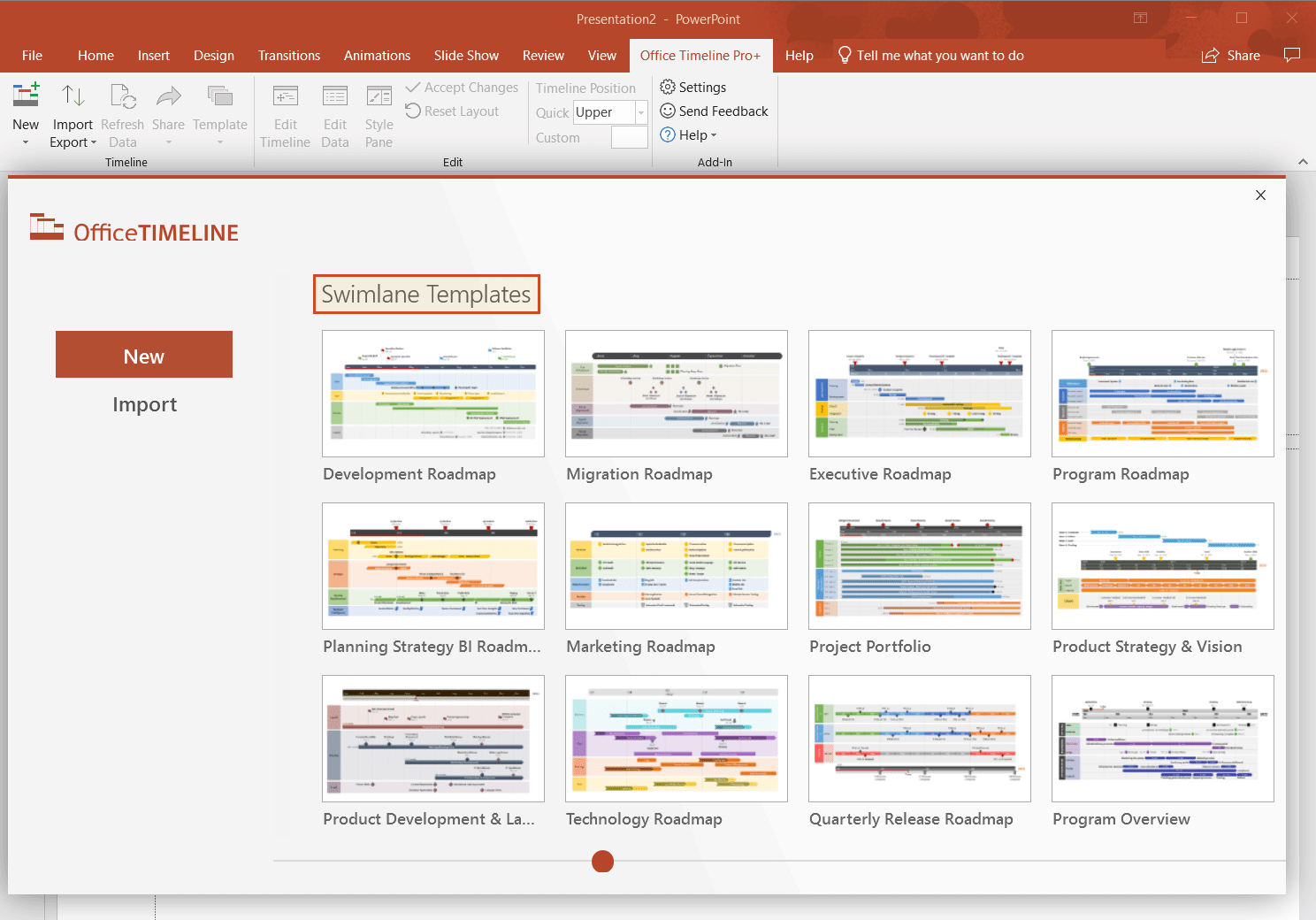 Office Timeline swimlane templates gallery