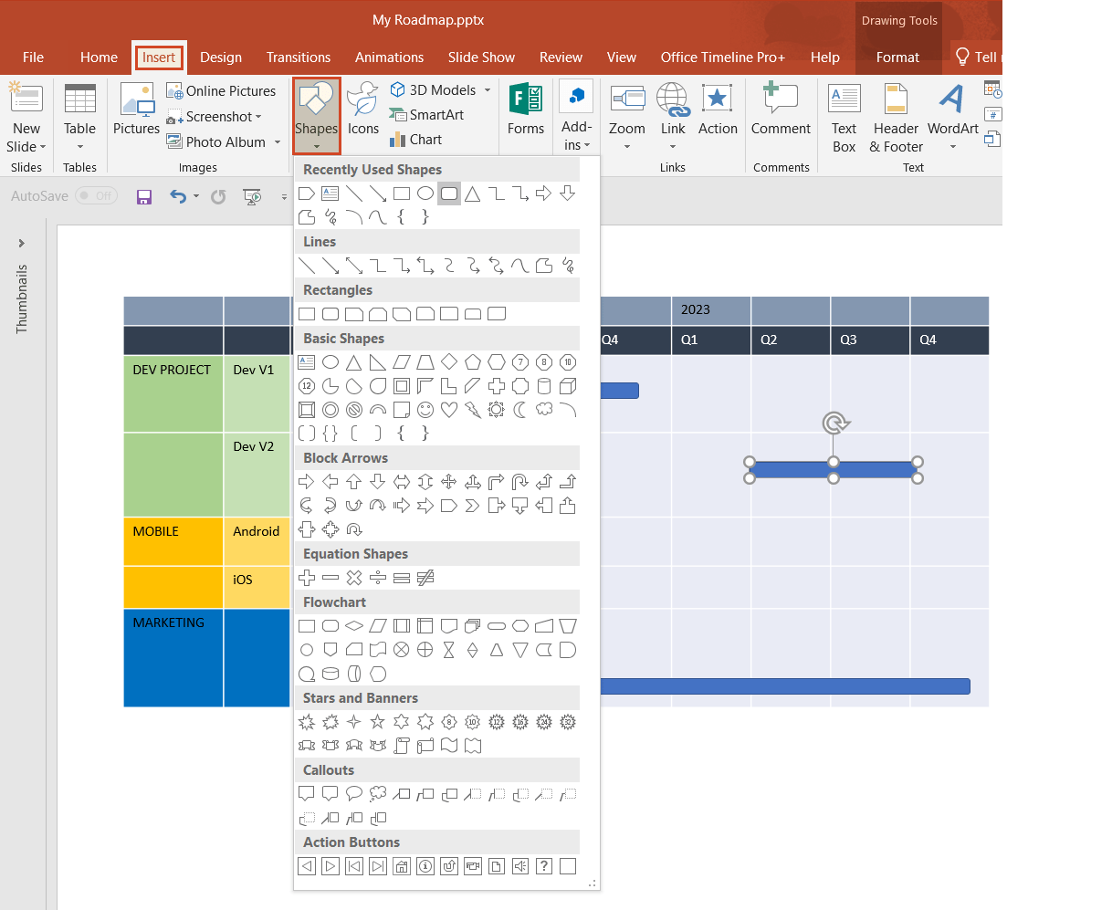 Insert task and milestone shapes – ppt roadmap