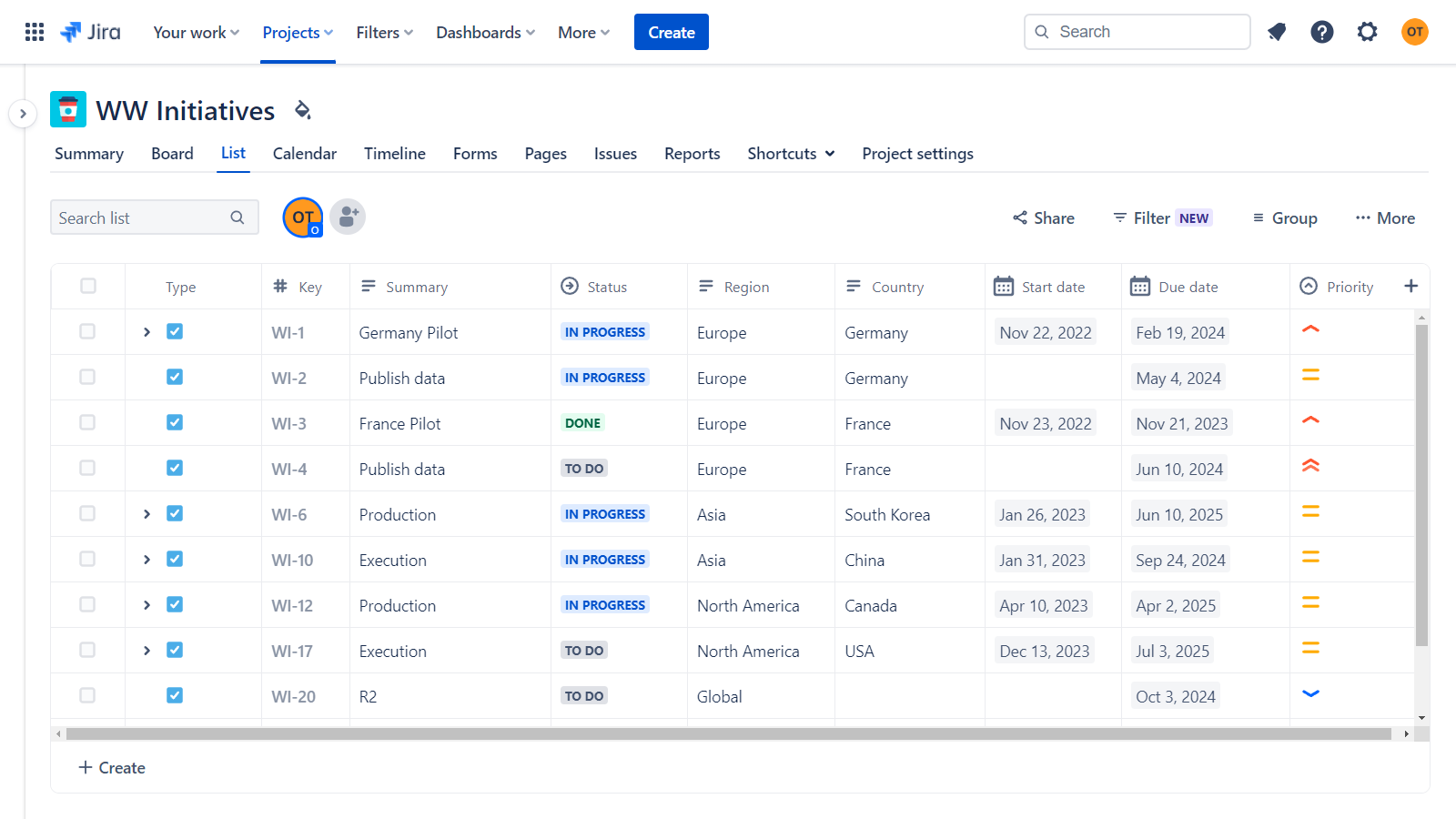 Projektdaten in Jira vor dem Import in Office Timeline Pro+