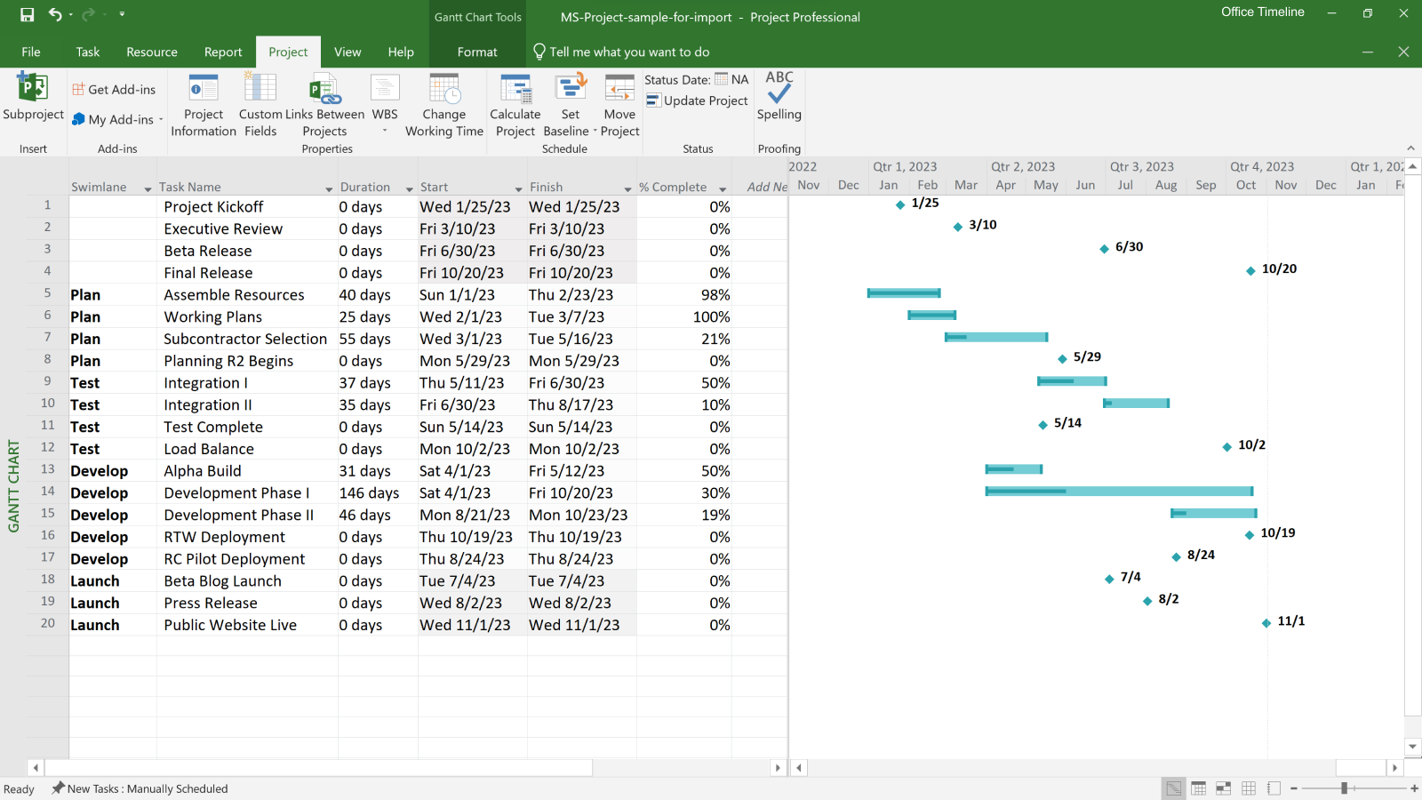 Projectgegevens in MS Project voordat ze worden geïmporteerd in Office Timeline Online