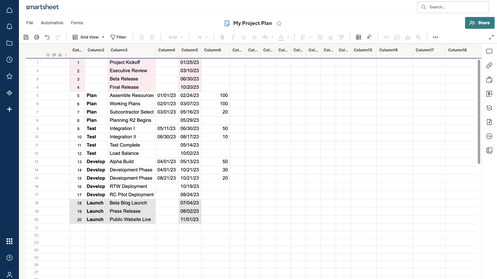 Projektdaten in Smartsheet vor dem Import in Office Timeline Pro