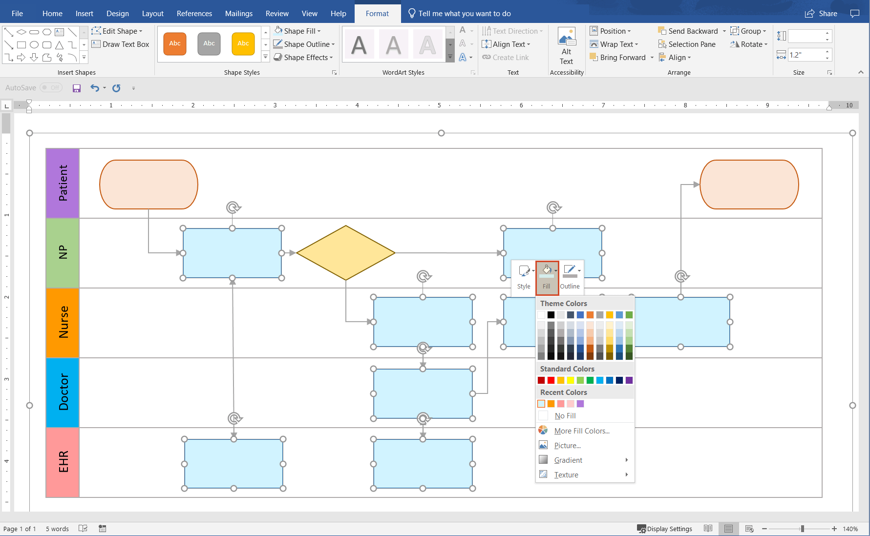 Recolor flowchart shapes in manual Word swimlane diagram