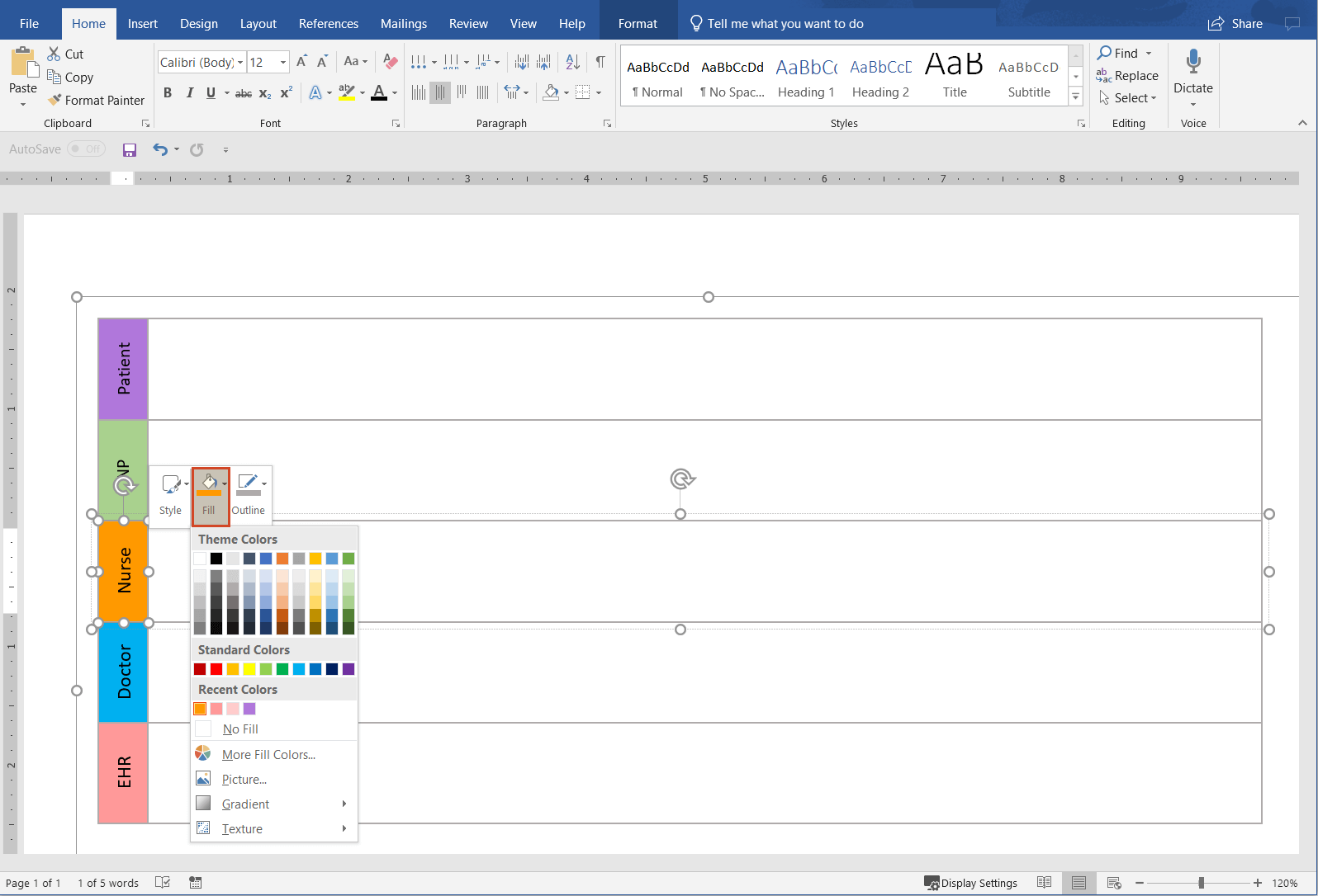 Recolor title box in manual Word swimlane diagram