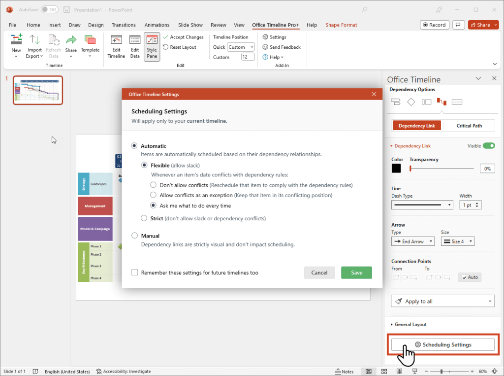 Scheduling settings for dependencies in Office Timeline