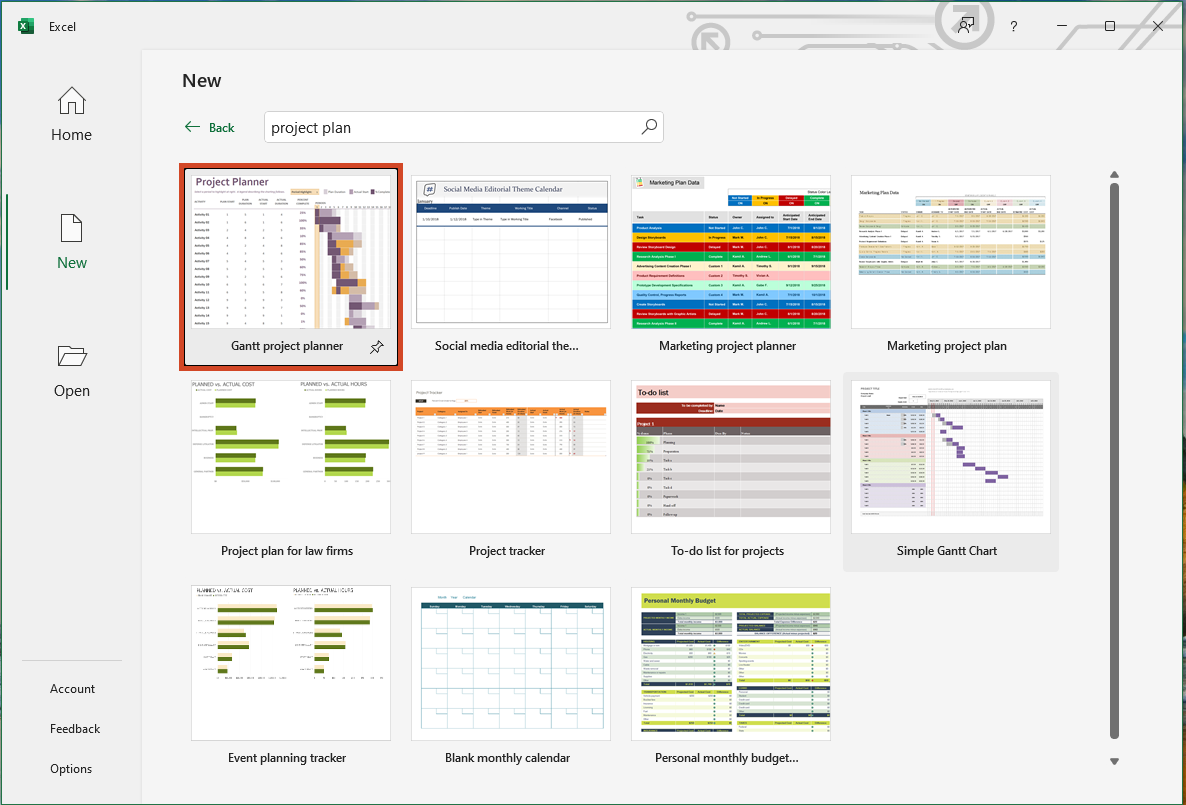 Search for project plan templates in Excel