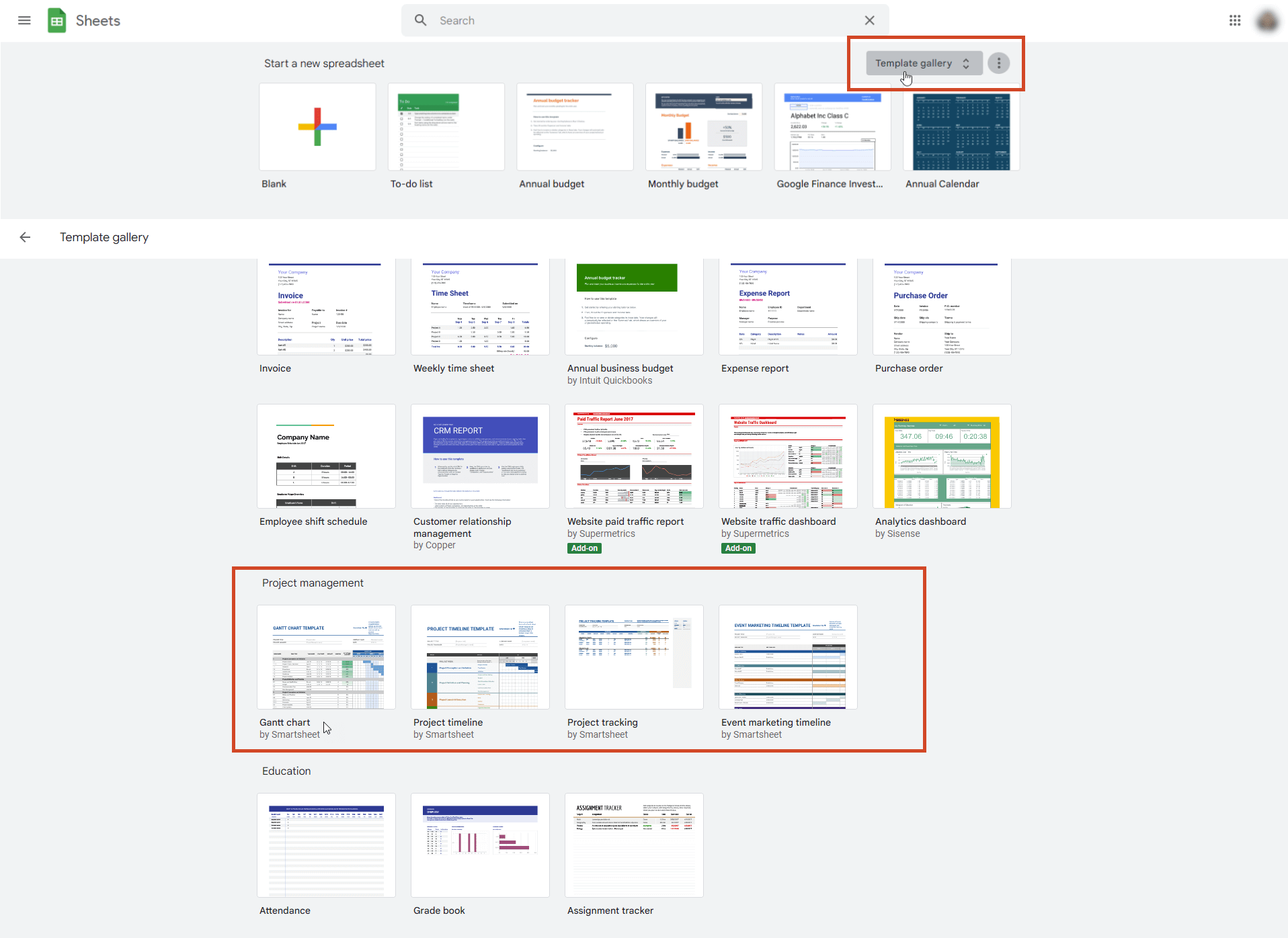 Zoeken naar sjablonen voor projectbeheer in Google Spreadsheets