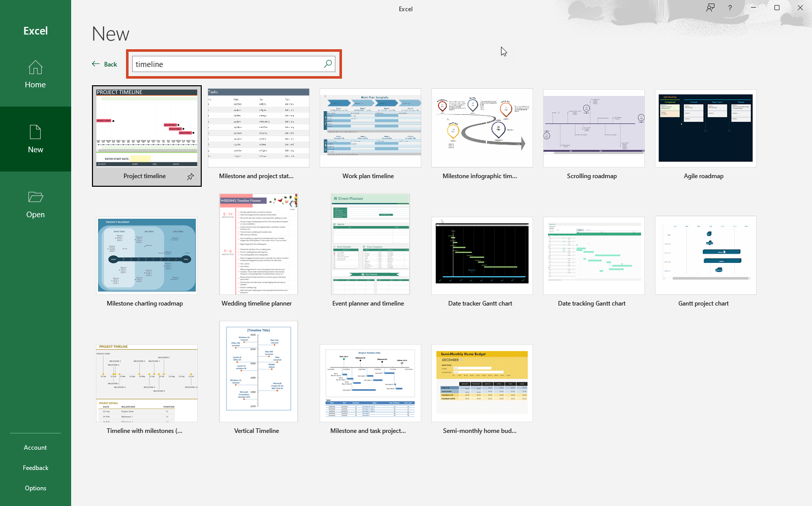 Timeline templates provided by Excel