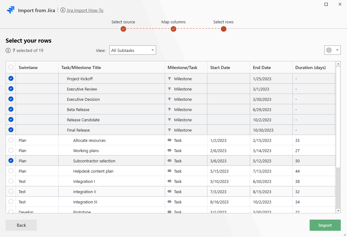 Select what Jira project issues to import into Office Timeline