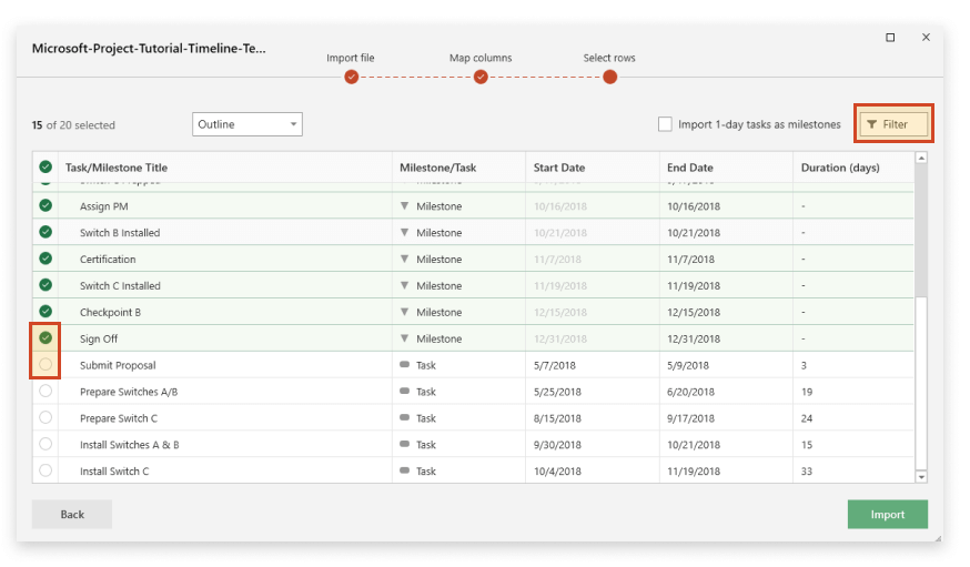 Select MS Project Data to Import into Office Timeline