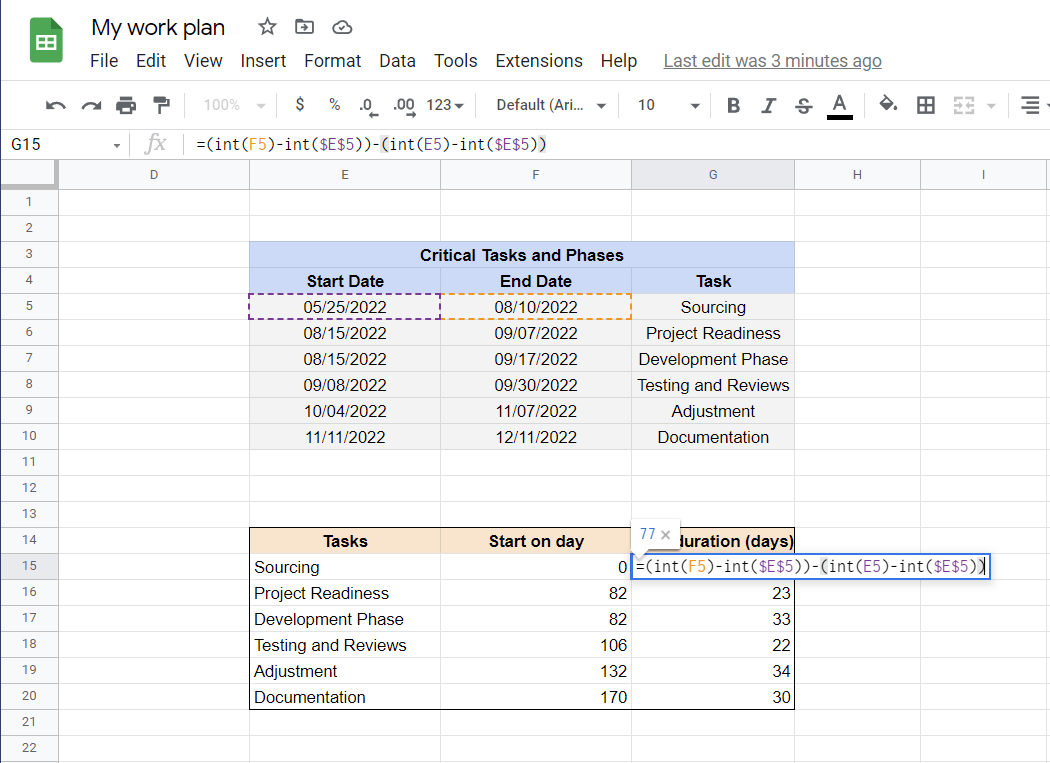 Set up the task duration in Google Sheets Gantt chart